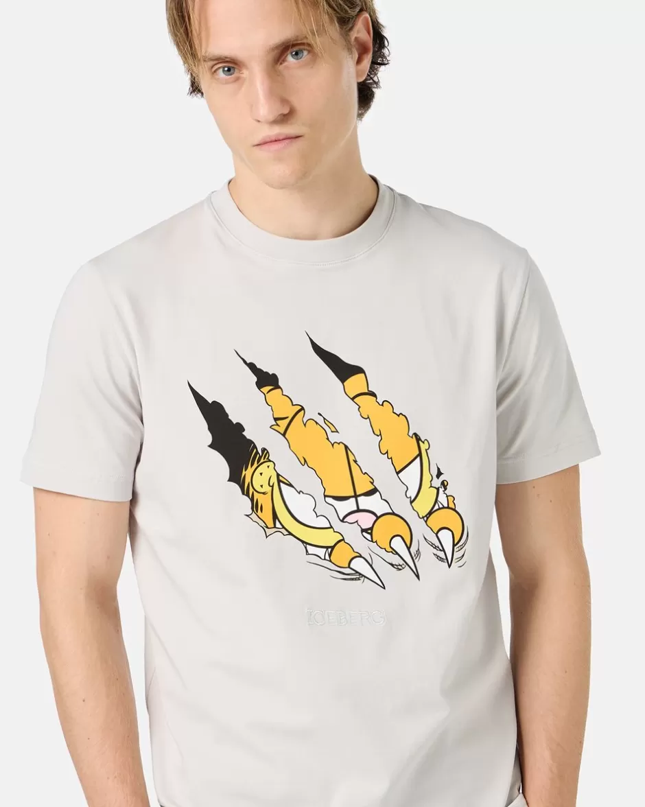 Cheap Beige Cotton Jersey T-shirt With Garfield Print And Embroidered Logo T-Shirts And Polo