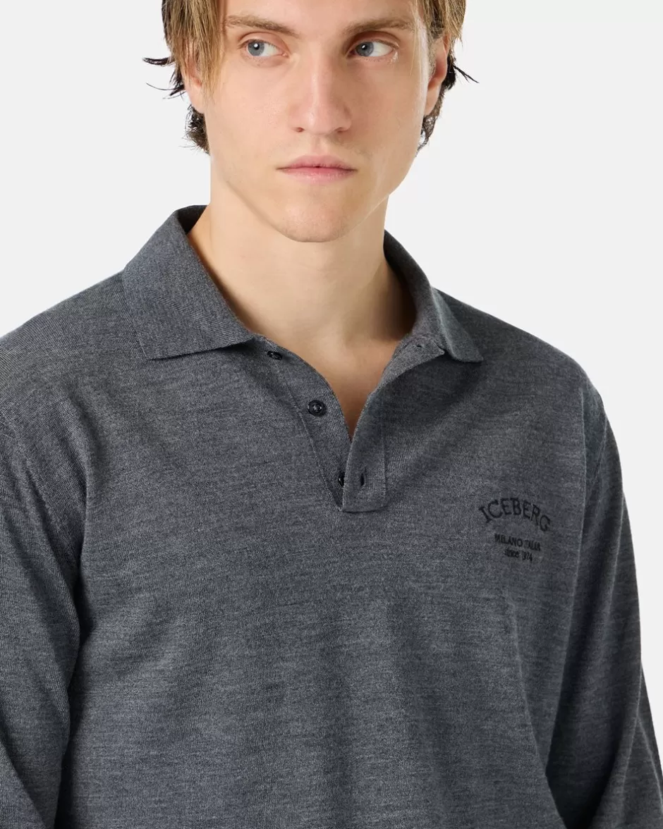 Best Grey Long-sleeved Polo Shirt In Merino Yarn With Logo T-Shirts And Polo | Knitwear